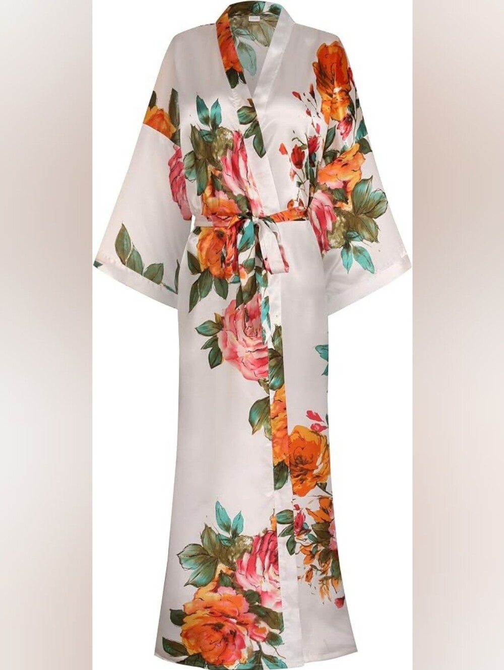 Long White Floral Kimono Robe